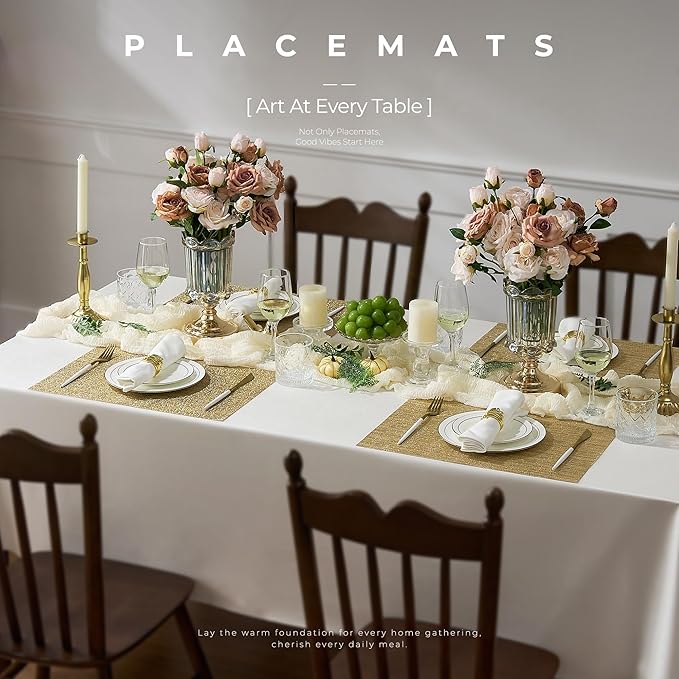 Leetaltree Gold Placemats Set of 24 - Heat Resistant Non-Slip Place mats for Dining Table, Washable Durable PVC Vinyl Woven Table Mats(Luxury Gold, 24)