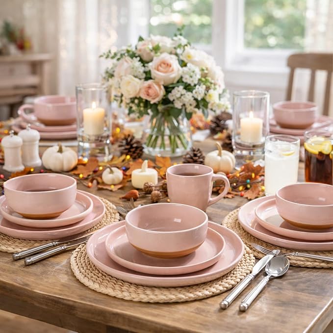 AmorArc Ceramic Dinnerware Sets for 6, 18 Pieces Handpainted Speckled Plates and Bowls Set with Rustic Terracotta Underside, Scratch Resistant Stoneware Dishes Set, Dishwasher & Microwave Safe, Pink
