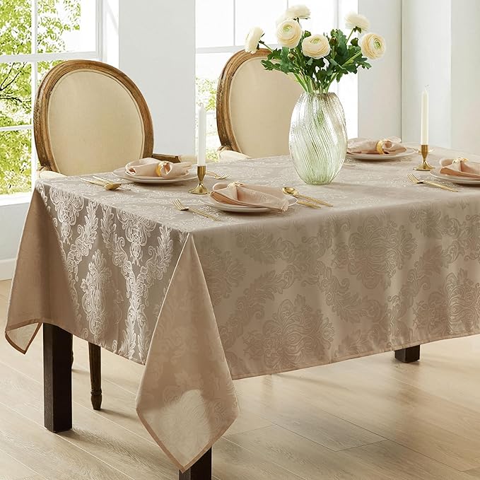 Newbridge Barcelona Luxury Damask Fabric Tablecloth, 52” Wide x 70” Rectangle, Golden Beige, 100% Polyester, No Iron, Soil Resistant Dining Room, Party and Banquet Table Cover