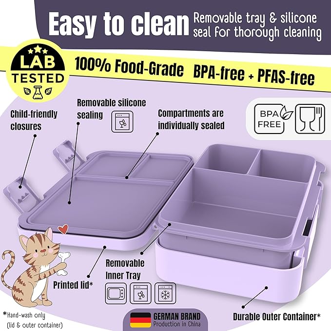 BEARFOOT Kids Lunch Box with Compartments – Compact & Lightweight | Leak-Proof, BPA-Free, Dishwasher & Microwave Safe | Hand-Drawn Design for Preschool, School, Travel (Unicorn Purple, 4 Cups)