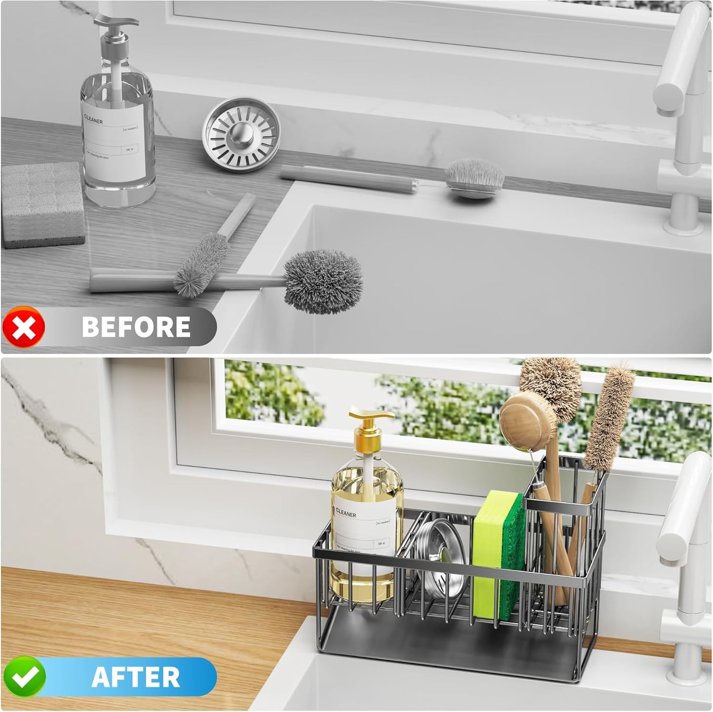 Cisily Kitchen Sink Caddy Organzier with High Brush Holder, Sponge Holder for Sink, 304 Rustproof Stainless, Kitchen Countertop Soap Dispenser Organizer, Kitchen Decor and Accessories