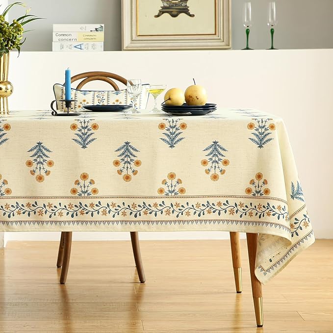 ISAENNE Designer French Pale Yellow Table Cloth for Rectangle Table,Linen Floral Tablecloth,Wrinkle Resistant Decor Tablecloths for Dining Thanksgiving Banquet Kitchen,55"*79"-Estevan A