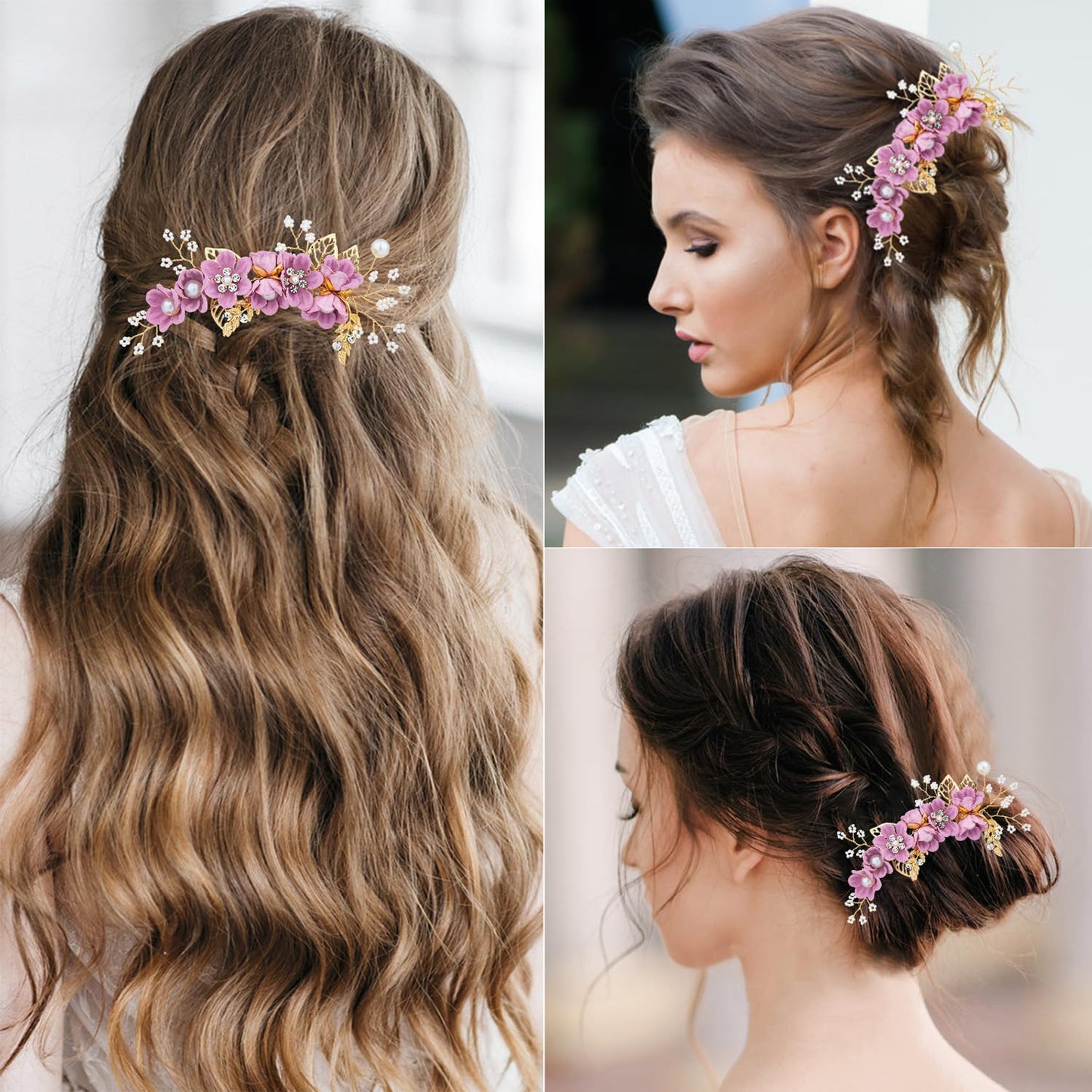 Wedding Hair Combs, Crystal Flwoer Hair Clips Bride Bridesmaid Hair Sides Comb Rhinestone Barrettes, Pearl Flower Hair Pins Hair Accessories for Women Girls (Purple)