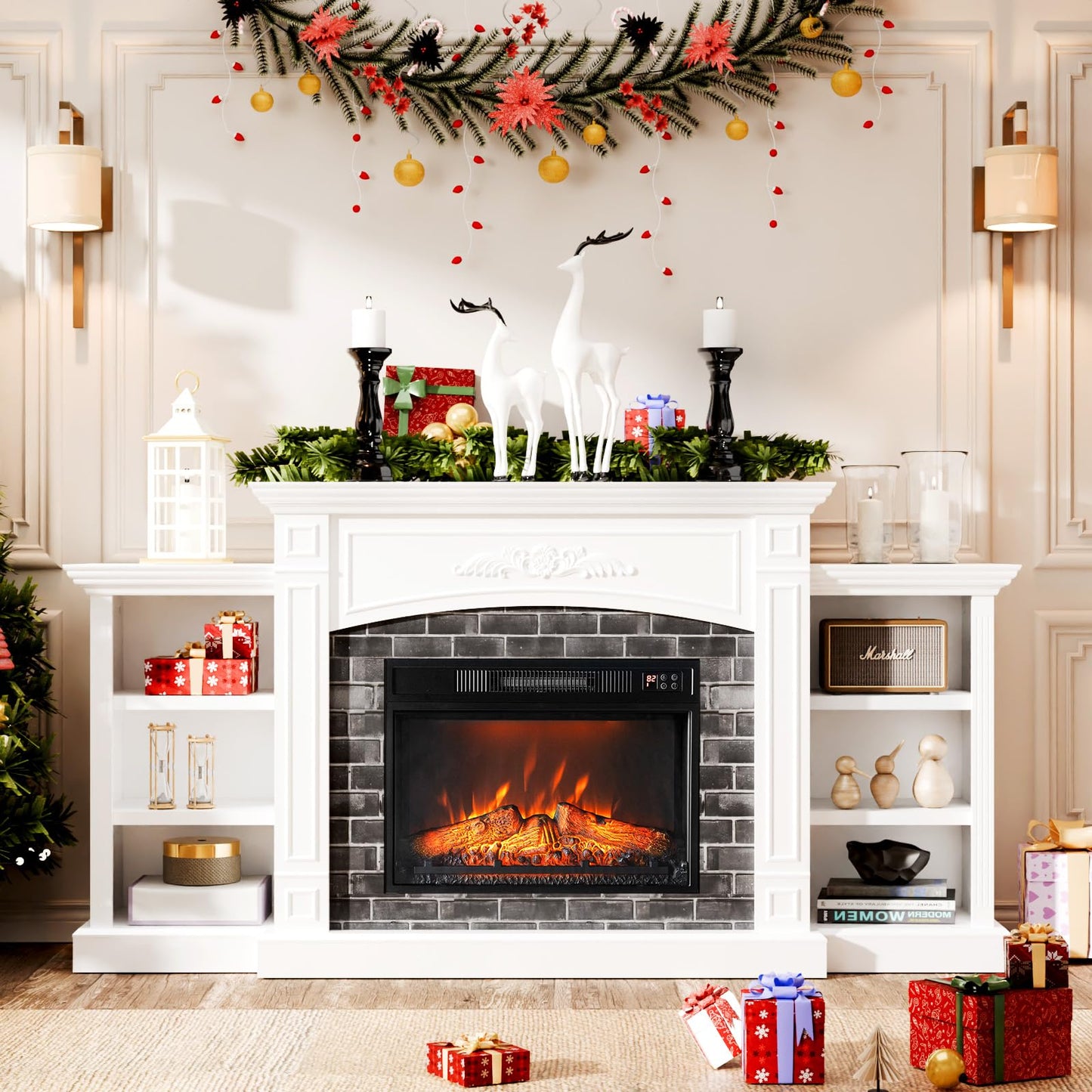 Bonnlo 80'' Fireplace TV Stand for 90'' TVs, Farmhouse Modern Electric Fireplace with Mantel, Media Entertainment Center Console Table with Ample Storage ＆ Adjustable Shelves, White