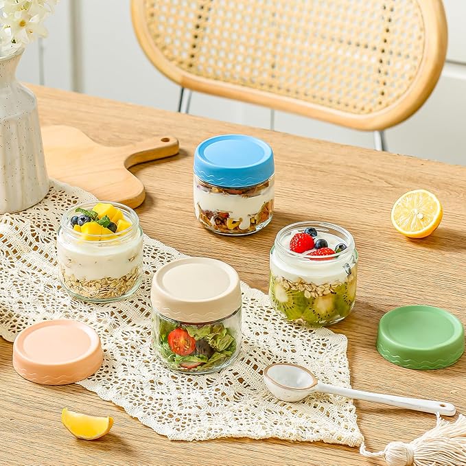 DRKIO 10 Oz Overnight Oats Containers with Lids - 4 Pack Glass Storage Jars with Airtight Lids Wide Mouth Mason Food Jars Great for Meal Prep Salad Chia Pudding Snacks Yogurt Sugar Spice Cereal