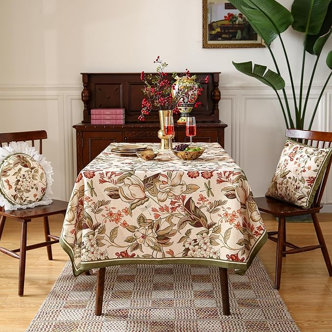 ISAENNE Designer Bohemian Linen Long Tablecloth Rectangle,Colorful Floral Pattern Table Cloth,Wrinkle Resistant Decorative Tablecloths for Dining Thanksgiving Kitchen Party,63"*102"-Grace A
