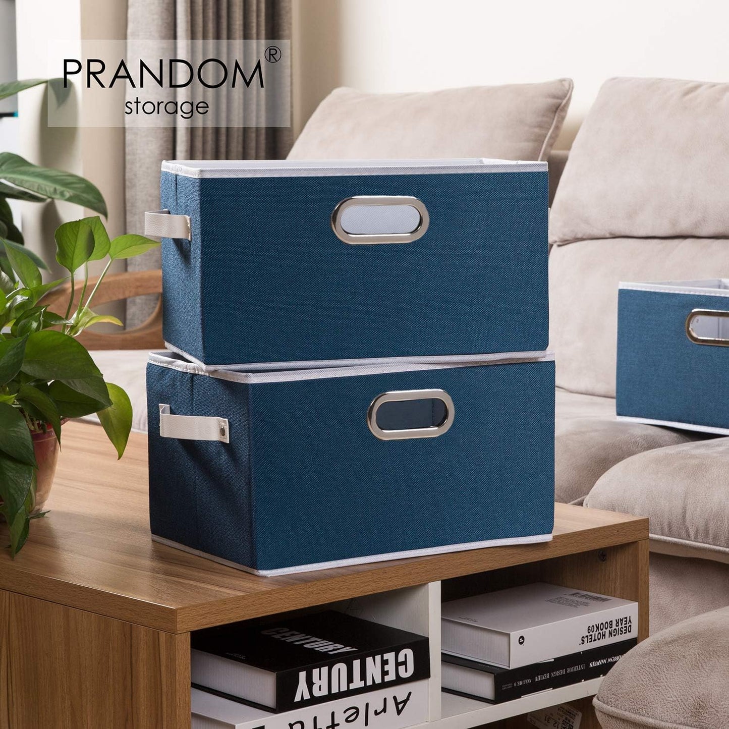 PRANDOM Larger Collapsible Storage Bins for Closet [3-Pack] Decorative Linen Fabric Storage Baskets Cubes with Leather/Metal Handles for Living Room Royal Blue (17.3x12.2x10.4 Inch)