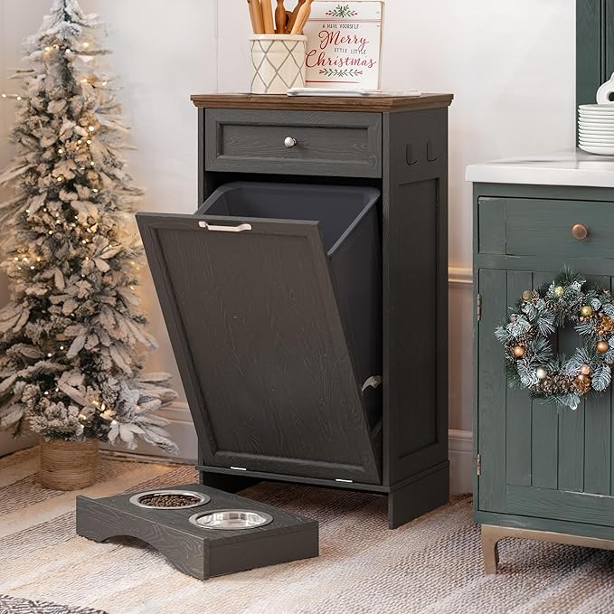 NEWOWNDS Tilt Out Trash Can Cabinet 10 Gallon Hidden Trash Garbage Can Cabinet with Drawer,Pet Proof Hidden Garbage for Kitchen,Laundry Bathroom (Black - with Feeding Bowls, Single Door)