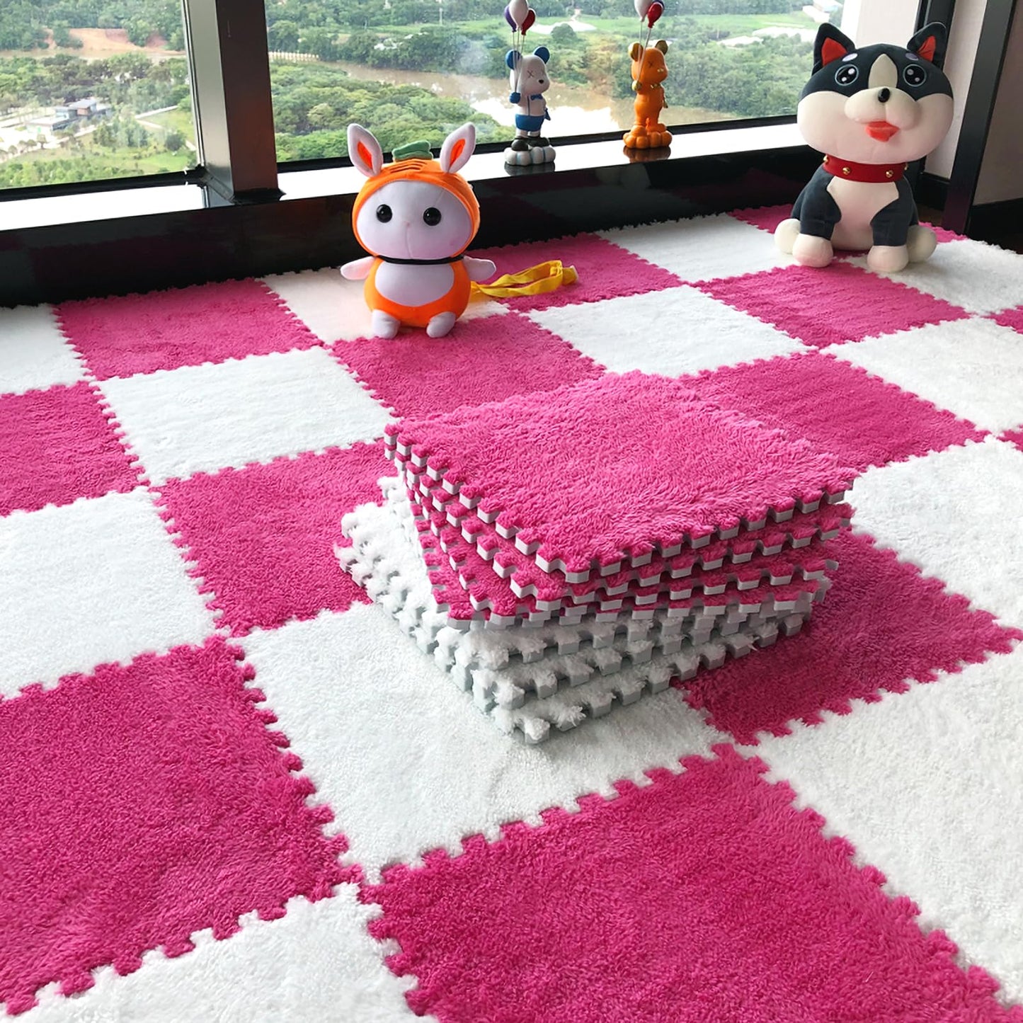 easycustomerlee 12pcs Interlocking Carpet Shaggy Soft EVA Foam Mats Fluffy Rugs Protective Floor Tiles Play Mats for Children Kids Room Home Parlor Bedroom(Rose)