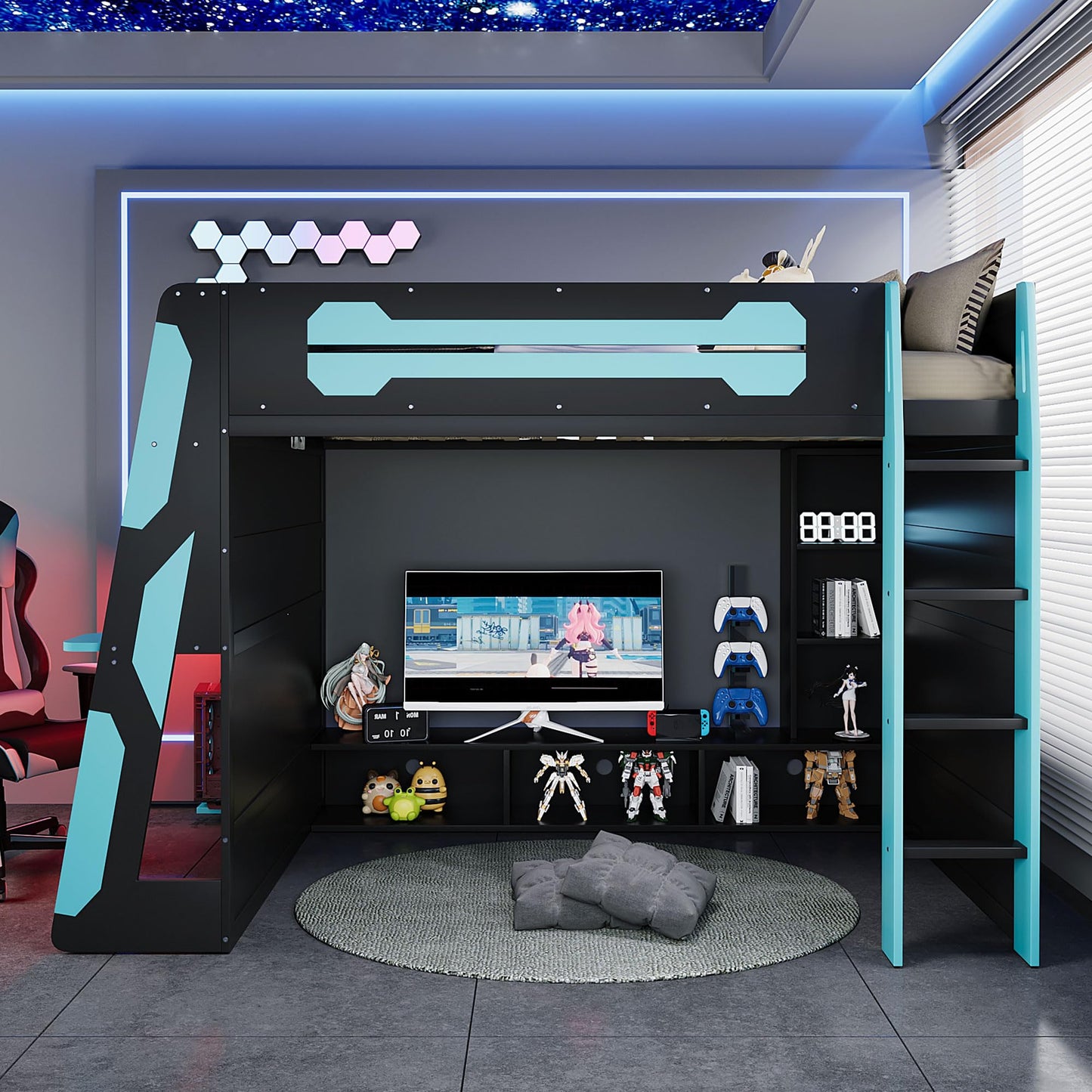 Gaming Bed with RGB Lighting, Desk, Multi-Storage Shelves and LED, Esports Design for PC & Console Gamers, Full Size Wood Loft Bed for Kids Bedroom (Cloud Blue/G)