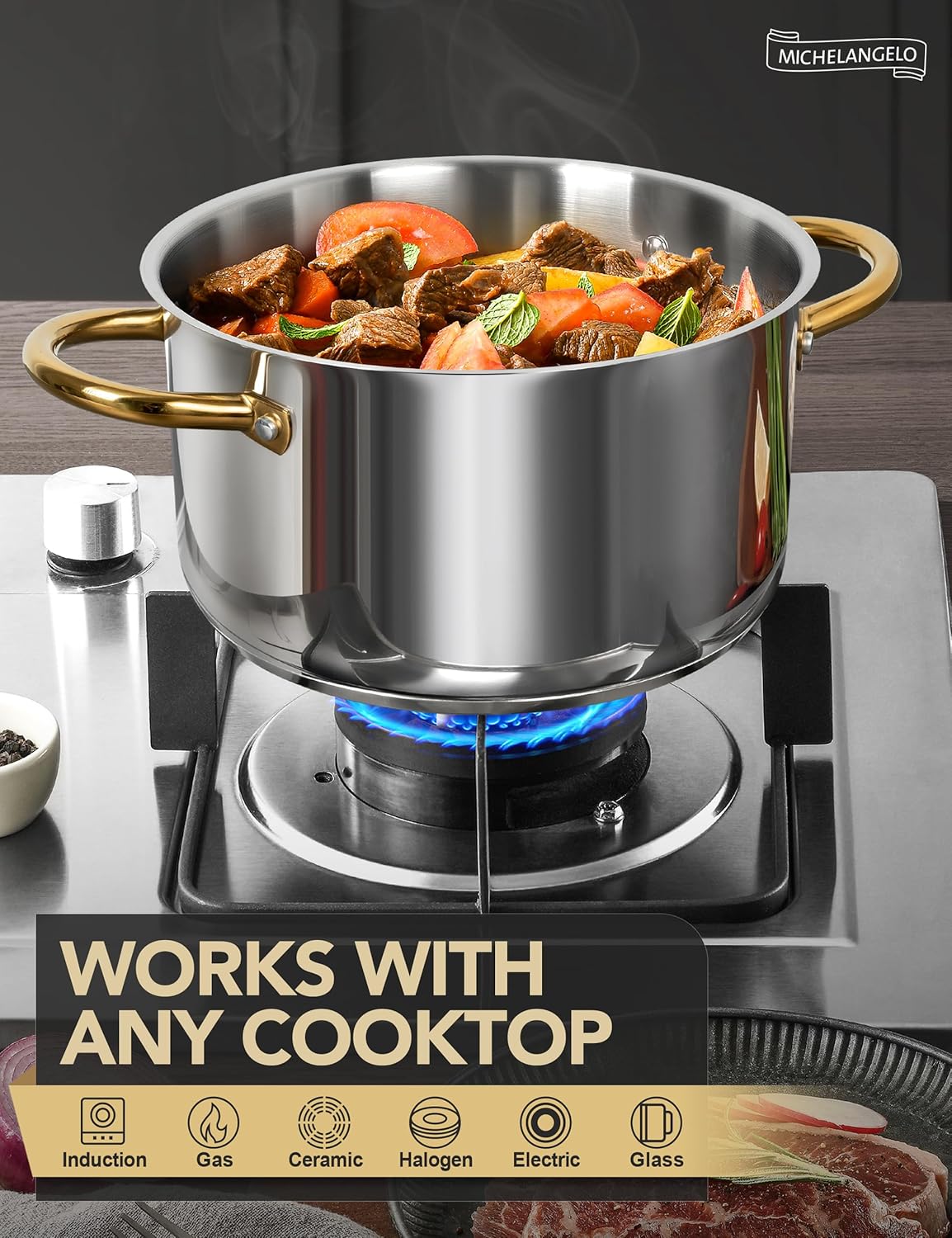 MICHELANGELO Stainless Steel Pots - 6 Qt Induction Pot with Lid, 18/10 Stainless Steel Stock Pot, Non Toxic Cooking Pot, Oven & Dishwasher Safe