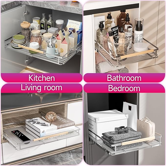 Pull Out Cabinet Organizer, Expandable(14.9"~25.9") Cabinet Drawers Slide Out, Adjustable Width Roll 0ut Shelf Cabinet Organizer for Kitchen Base Cabinet Organization (Large, 2Pack)