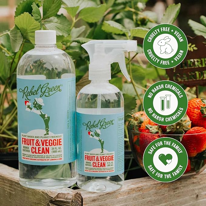 Rebel Green Fruit & Veggie Clean - Plant-Based Produce Cleaner - Natural Fruit and Vegetable Wash with No Aftertaste - Dirt & Grime Removal - Made with Organic Extracts of Citrus - 16 FL OZ