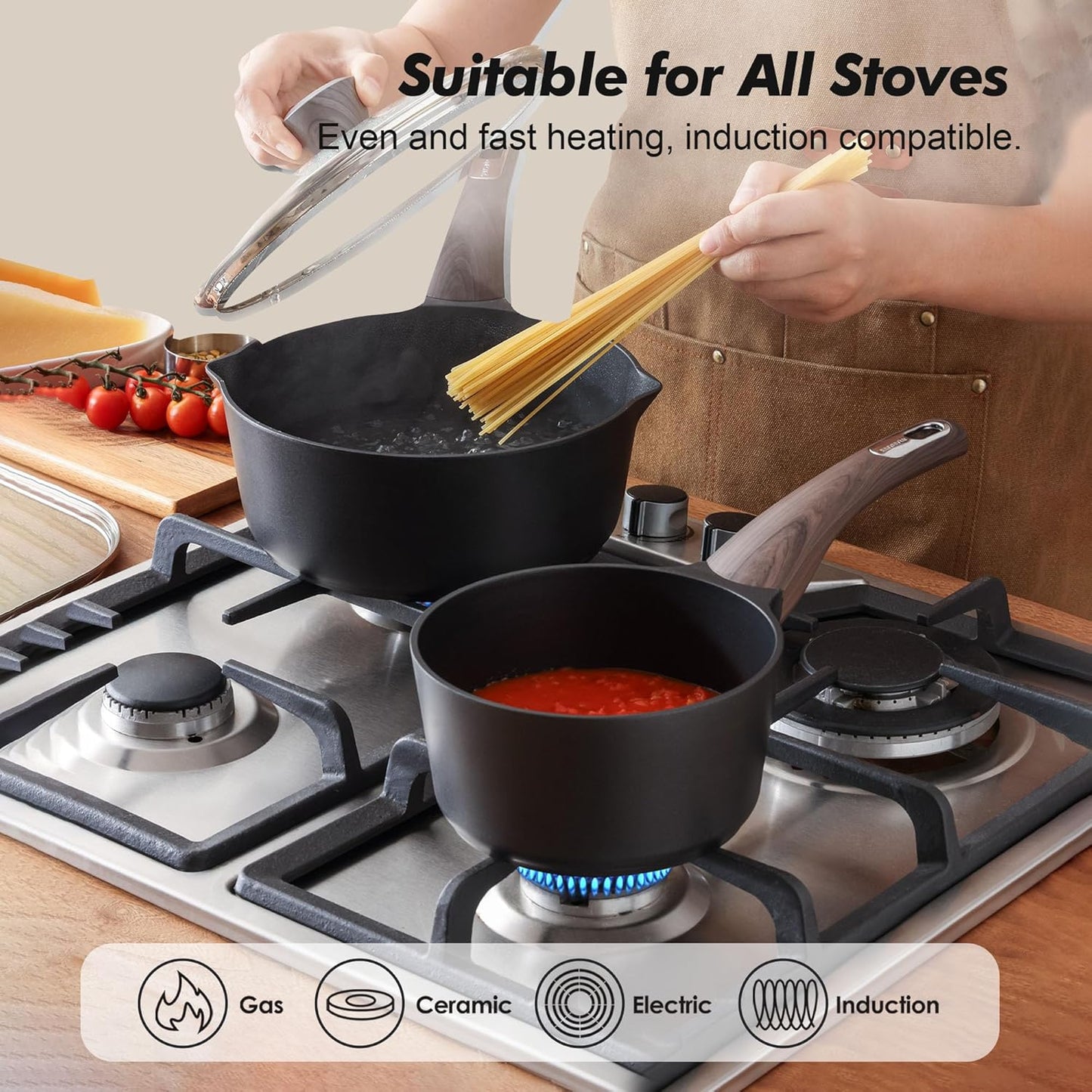 SENSARTE Nonstick Sauce Pan with Lid, 2.5 Quart Saucepan with Double Spout, Multipurpose Large Cooking Pot, Non toxic Kitchen Sauce Pot, Non stick Saucier Pan, Induction Comptable, PFOA Free