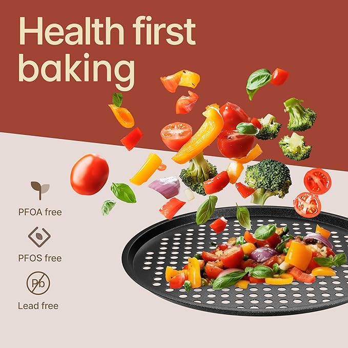Bakken Pizza Baking Pan - Round Perforated Carbon Steel Pan with Non-Stick Marble Coating, Oversized Silicone Handle, Dishwasher Safe, High-Temperature Resistant, Durable & Easy Cleanup Gray, 1 Tray
