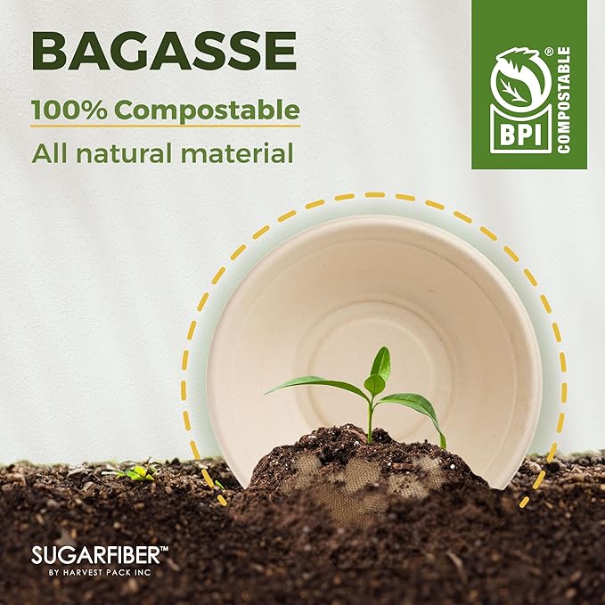 [50 COUNT]Sugarfiber by Harvest Pack PFAS FREE 24oz Round Paper Bowls - Compostable Heavy-Duty Eco-Friendly Disposable Bagasse Bowl sugarcane made plant fibers for Meal Prep
