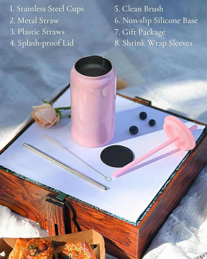 Glass Cups with Lids and Straws, 16oz Stainless Steels Cups, Beer Cups, Iced Coffee Cup, Smoothie Cup, Sublimation Tumbler, Fuchsia (Shiny Polished Finish, Sublimatable)