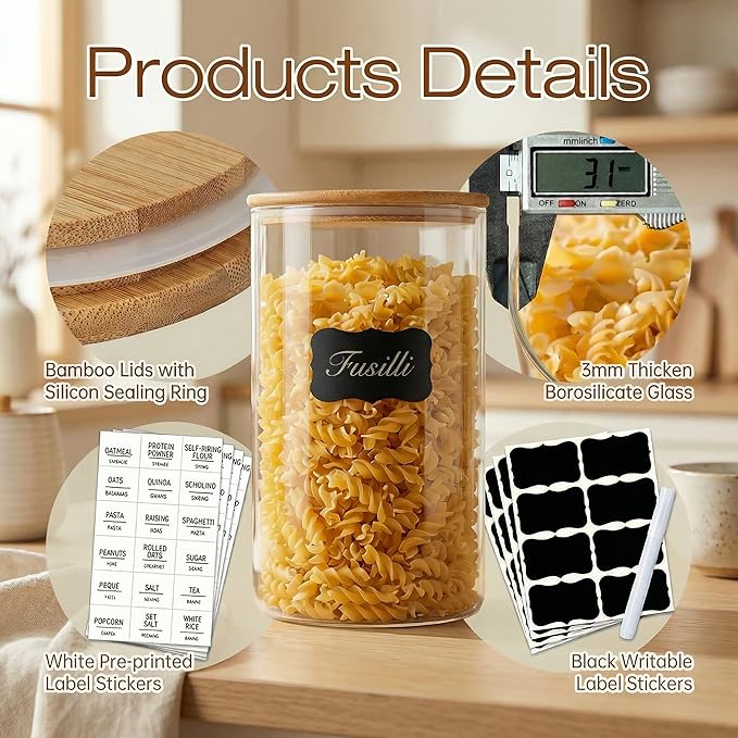 HomArtist Glass Jars with Bamboo Lids 17 FL OZ [Set of 12], Glass Canisters with Airtight Lids, Glass Food Storage Containers for Spice, Coffee, Sugar, Tea, Candies, Cookies,Best for Kitchen & Pantry