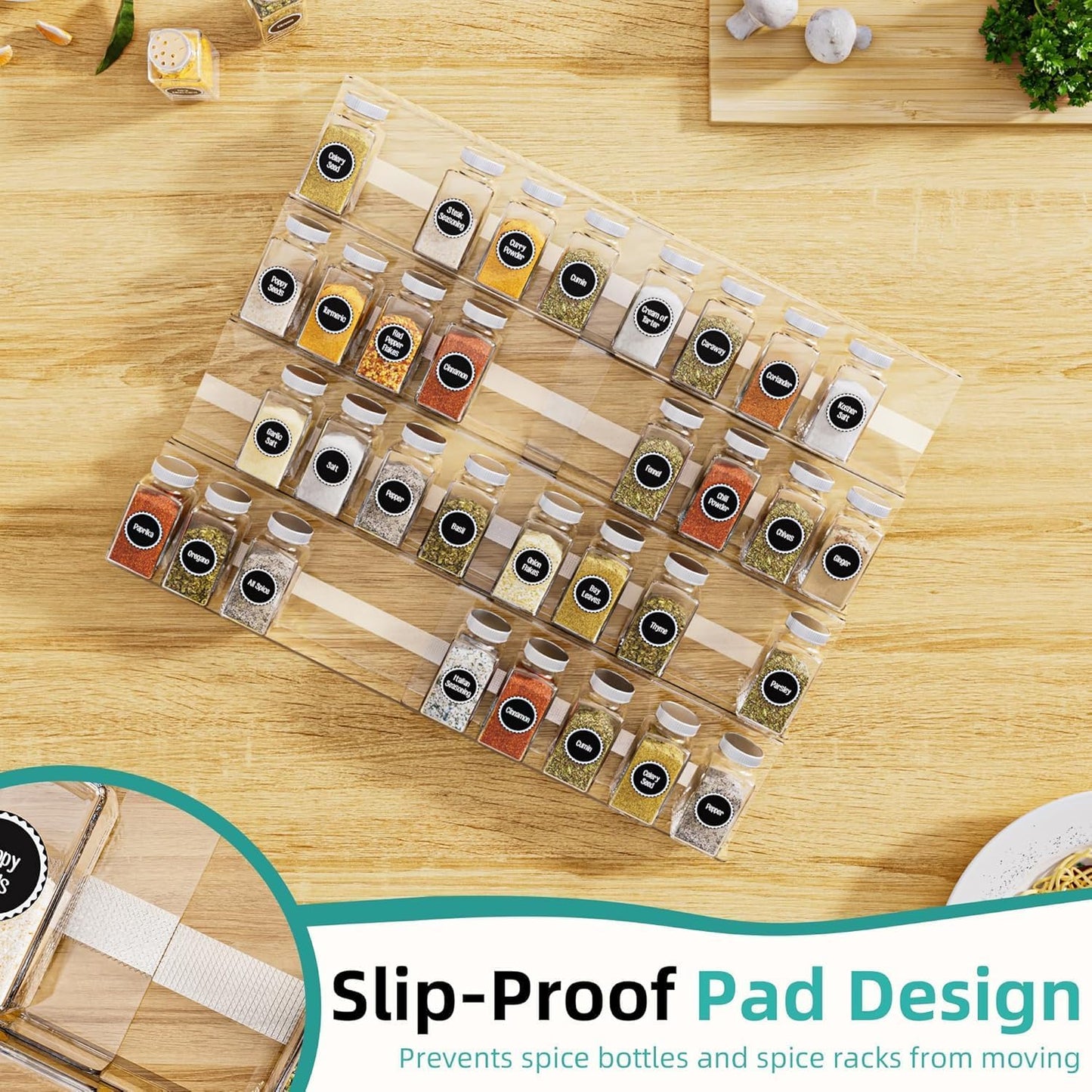 MIUKAA Acrylic Spice Drawer Organizer, 2 Tier - 4 Pack Seasoning Organizer for Drawer, Expandable From 13" to 26" Kitchen Drawer Spice Rack with Slip-Proof Mat (Jars not Included)