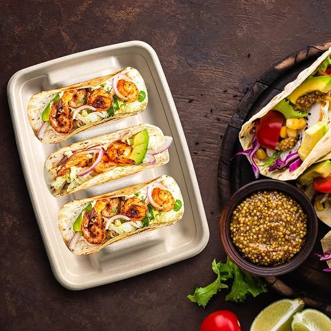 100PCS Disposable Taco Holders for Party, Pulp Fiber Plates with 3 Dividers, Lazy Susan Taco Bar