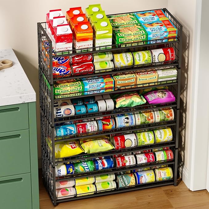 2-Tier Stackable Can Rack Organizer for Pantry Shelf, Long-Size Adjustable Can Holder for Kitchen Organization,Heavy Duty Can Dispenser for Canned Food Soup Goods up to 50 in Cabinet storage, Black