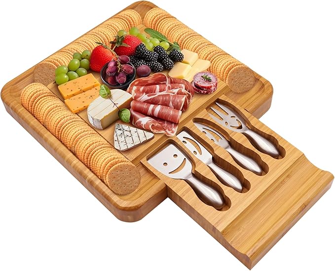 Sarolta Homewares Bamboo Cheese & Sushi Cutting Board and Platter with Brushed Stainless Steel Cutlery Set - 10 Sets