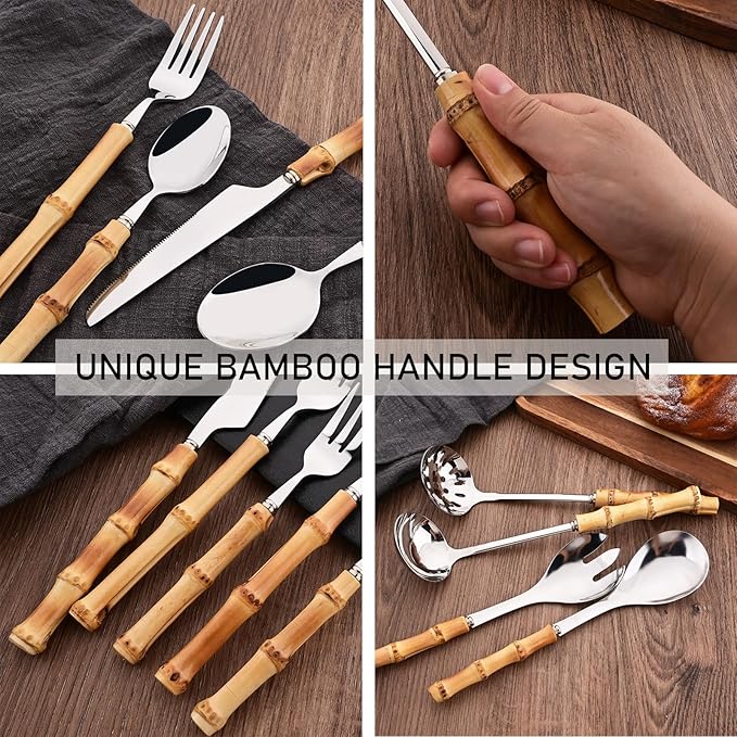 50PCS Silverware Set for 10, Bamboo Handle Flatware Set, Stainless Steel Cutlery Set for Home Restaurant and Party, Bamboo Forks Spoons and Knives Set, Polished Tableware
