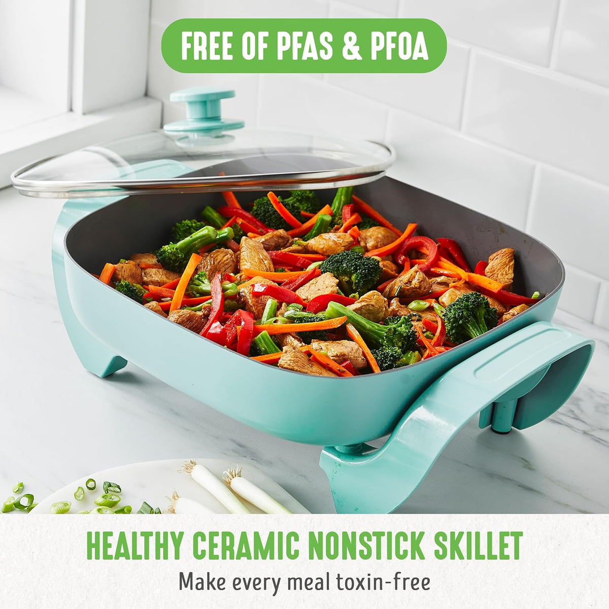 GreenLife 12" 5QT Square Electric Skillet, Glass Vented Lid, Ceramic PFAS-Free Nonstick Interior, Adjustable Temperature Control, Cool Touch Handles, Quick Even Heating, Scratch Resistant, Turquoise