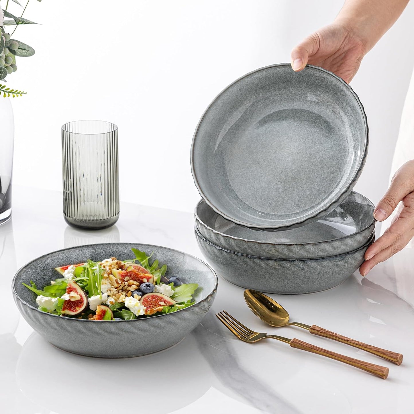 GBHOME 8.5'' Large Pasta Bowls, 38 Ounce Stoneware Salad Bowls for Kitchen, Ceramic Serving Bowls With Textured Pattern for Pasta,Fruit, Stews,Noodle, House-warming Gift,Set of 4