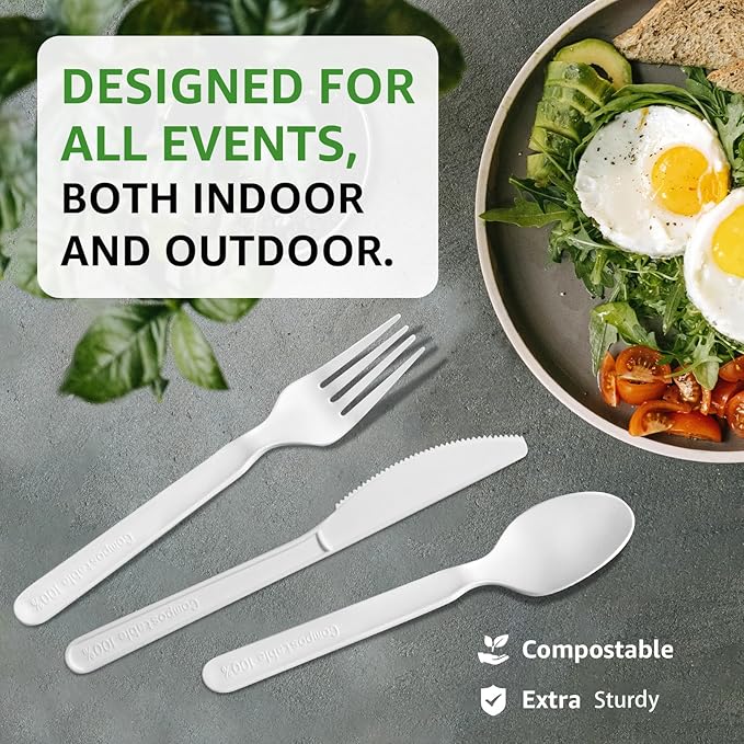 100% Compostable Spoons 60 Count Disposable Soup Spoons Heavy Duty Utensils Disposable Silverware Eco Friendly Flatware for Party Camping Picnics Wedding-Ivory White