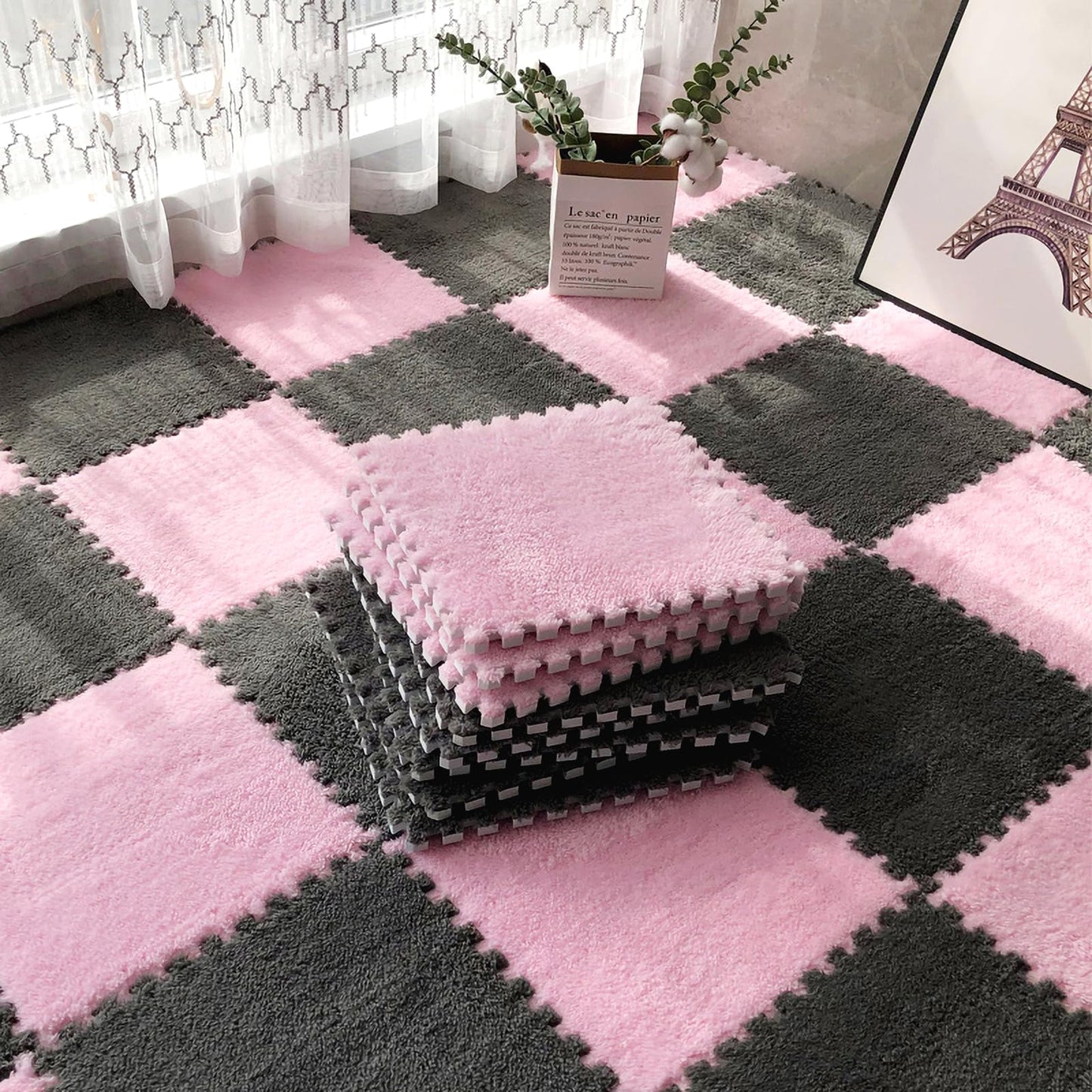 easycustomerlee 12pcs Interlocking Carpet Shaggy Soft EVA Foam Mats Fluffy Rugs Protective Floor Tiles Play Mats for Children Kids Room Home Parlor Bedroom(Pink)