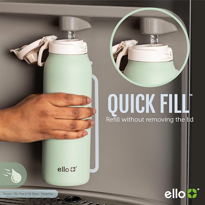 Ello Pop & Fill 22oz Stainless Steel Water Bottle with Quick Fill Technology, Double Walled and Vacuum Insulated Metal, Leak Proof Locking Lid, Sip and Chug, Reusable, BPA Free, Gloss Daisies