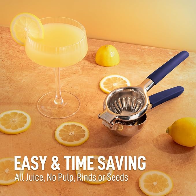 Zulay Kitchen Lemon Squeezer Stainless Steel with Premium Heavy Duty Solid Metal Squeezer Bowl and Food Grade Silicone Handles - Large Manual Citrus Press Juicer and SS Lime Squeezer (Navy)