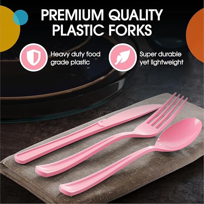 Party Solids Pink Plastic Silverware Heavy Duty 300 Pieces Pink Plastic Cutlery Sets, Utensil Sets, 100 Of Each Forks, Knives & Spoons Disposable Cutlery Set, Flatware Set For Party Supplies