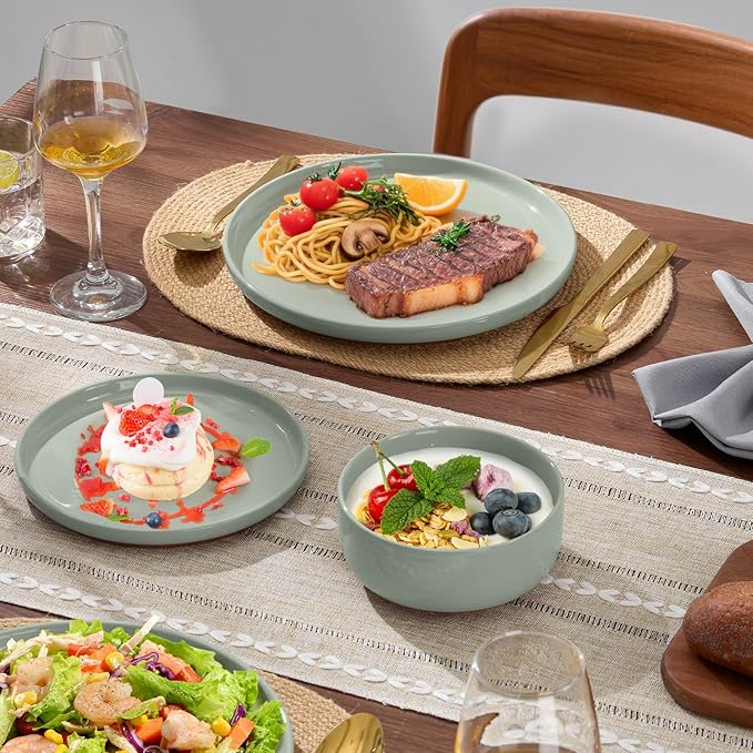 E-far 18-Piece Stoneware Dinnerware Sets, Plates and Bowls Sets for 6, Ceramic Dishware Dishes Set with Terracotta Base, Chip & Scratch Resistant, Microwave & Dishwasher Safe, Speckled Green
