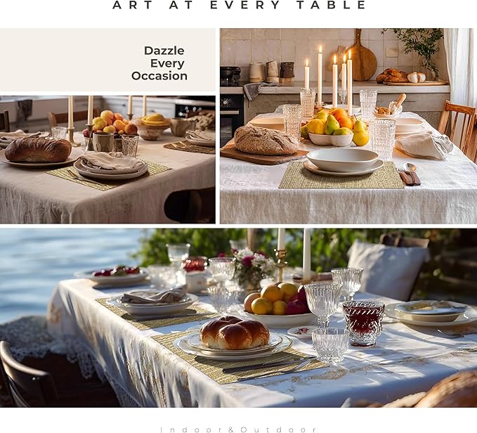 Leetaltree Gold Placemats Set of 6 - Heat Resistant Non-Slip Place mats for Dining Table, Washable Durable PVC Vinyl Woven Table Mats(Luxury Gold, 6)