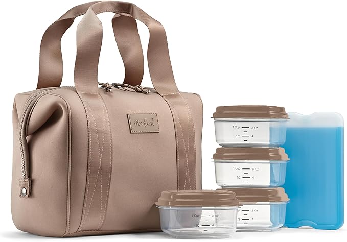 Fit & Fresh Remi Neoprene Lunch Bag For Women - Meal Prep Kit with Containers & XL Ice Pack, Self Insulating Neoprene-like Material, Machine Washable Lunch Bag, Tear-Resistant, Stain-Resistant, Taupe