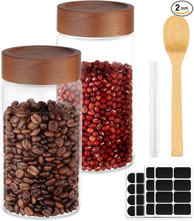 Glass Jar with Wood Lid, 2 Pack 19oz Glass Canister with Airtight Lids, Wide Mouth Screw Top Mason Jars for Sugar, Coffee, Tea, Oatmeal, Cereal, Bean, Candy - 3.1 x 5.9 inch Seasoning Bottle