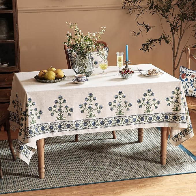 patdrea Designer Linen Vintage Long Blue Rectangle Tablecloth,Leaves Pattern Anti-Wrinkle Floral Table Cloth,Table Cover Cloth Decor for Kitchen Dining,Christmas,Thanksgiving,Party,63"x94"-Ivar B