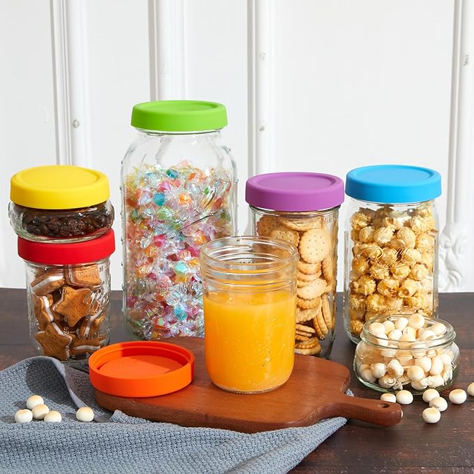 6 Pcs Silicone Regular Mouth Lids Mason Jar Lids Thickened Leak Proof Lid for 70 mm All Regular Mouth Mason Jars, Reusable Large Canning Jar Caps(Red, Orange, Yellow, Green, Blue, Purple)