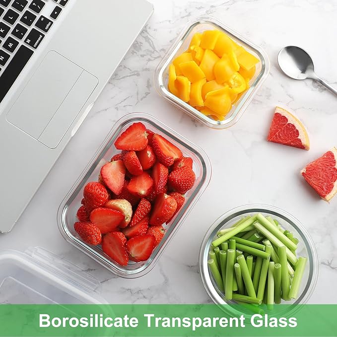 HOMBERKING Glass Food Storage Containers with Lids, [18 Piece] Glass Meal Prep Containers, Airtight Lunch Bento Boxes, BPA-Free & Leak Proof (9 lids & 9 Containers) - Grey