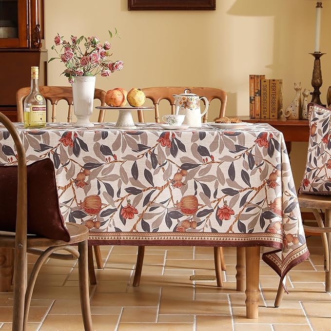 patdrea Designer Vintage Rectangle Tablecloth,Linen Pomegranates and Leaves Pattern Tablecloths,Fall Table Cover Cloth Decor for Kitchen Dining Christmas,Thanksgiving,63"x87"-Tehran a