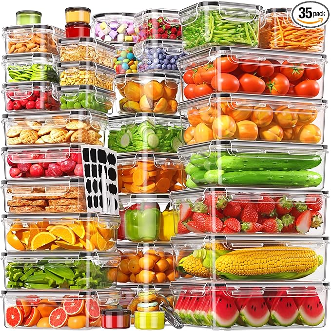 70 PCS Food Storage Containers with Lids Airtight, (35 Lids & 35 Containers) Leak proof Containers Set for Kitchen, Meal Prep, BPA-Free, PVC-Free Plastic, Microwave/Dishwasher Safe, Extra Labels & Pen