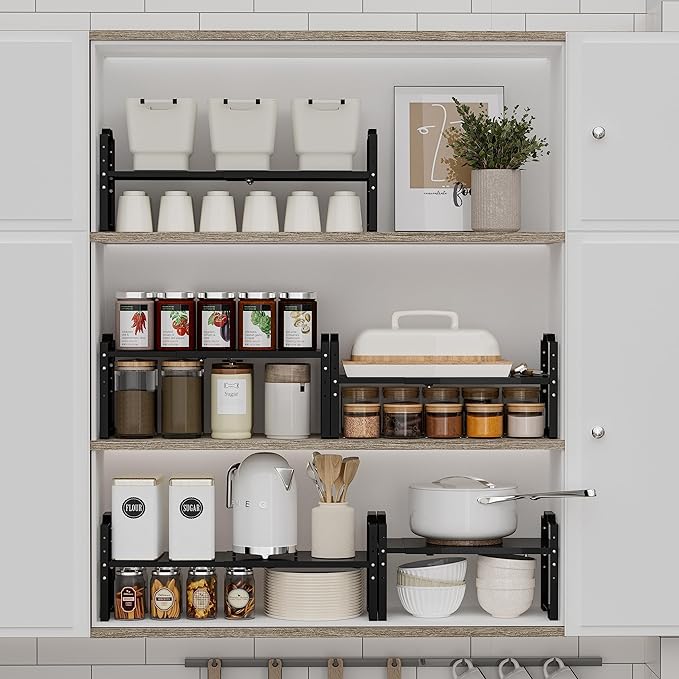 Expandable Shelf for Cabinet Organizer Adjustable Stackable Spice Rack at Kitchen and Bathroom More, Counter Countertop Cupboard Organization Pantry Storage(LARGE/2PACKS/BLACK)