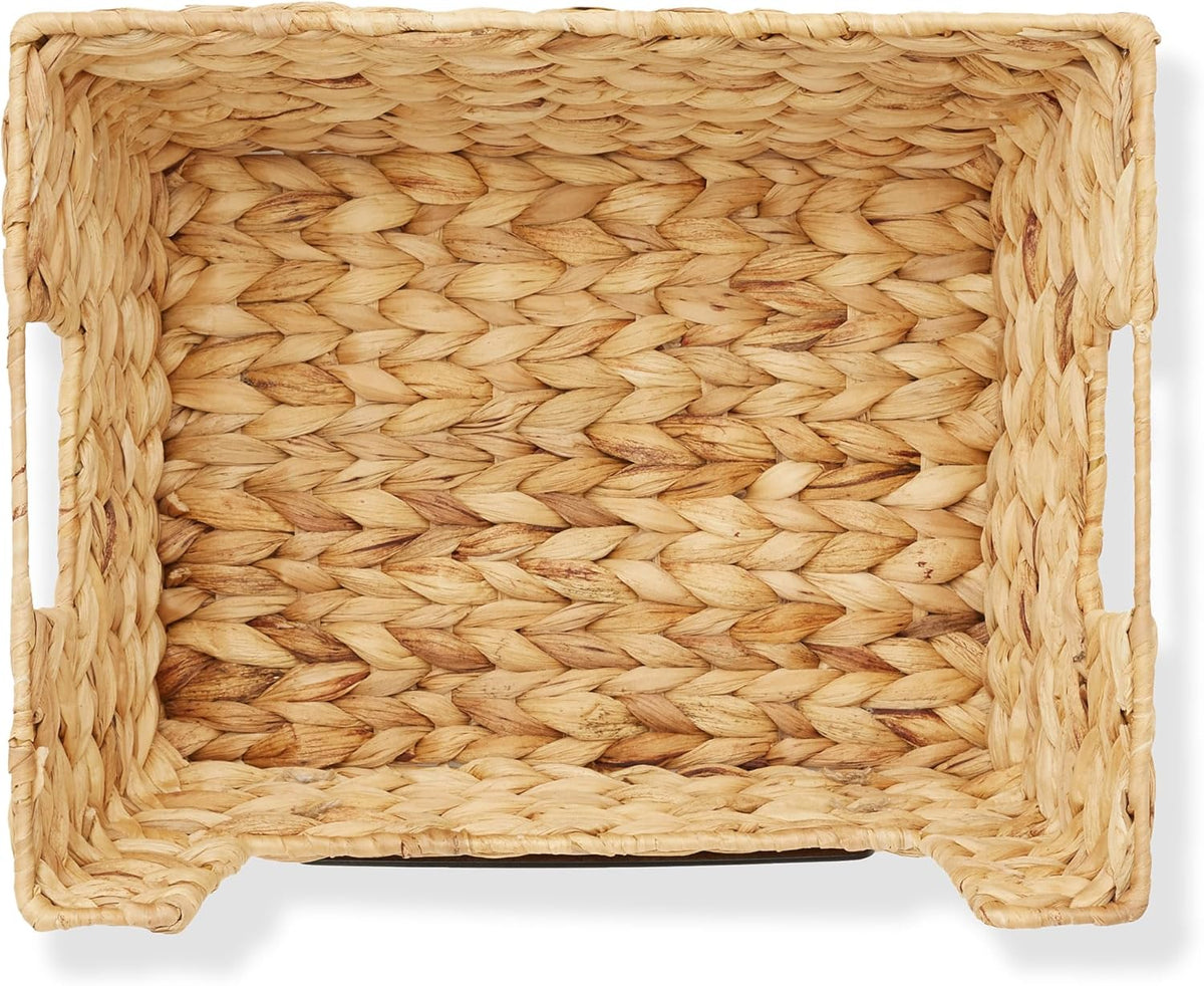 Casafield Set of 2 Water Hyacinth Pantry Baskets with Handles, Chalkboard Labels, and Marker - Natural, Wide Woven Storage Bin Organizers for Kitchen Shelves