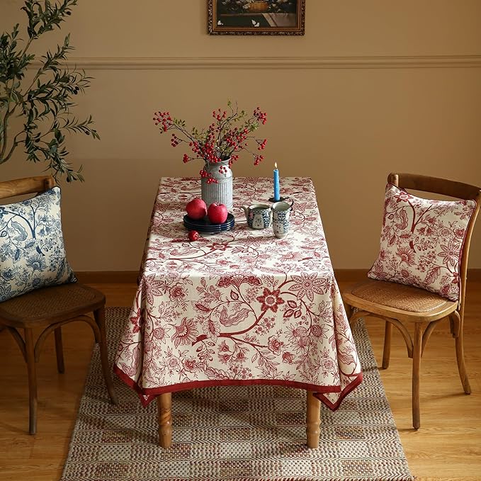 ISAENNE Designer French Linen Small Rectangular Tablecloth,Red Floral Washable Indoor Table Cloth,Durable Home Decor Tablecloths for Dining Thanksgiving Kitchen Party Christmas,55"*71"-Ruyi A