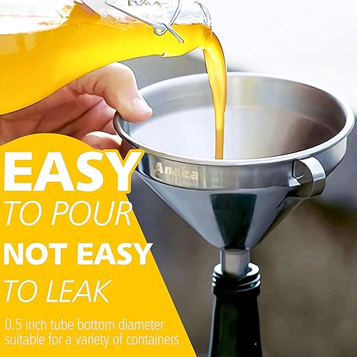 Anaeat 3 Pack Stainless Steel Kitchen Funnel Set, Multi-Use Premium Metal Food Grade Cooking Funnels with 2 Removable Strainer Filter for Transferring Liquid or Dry Ingredients & 1 Pc Cleaning Brush