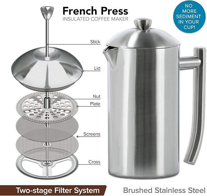 Frieling Coffee Press Stainless Steel French Press Coffee Maker - 44 oz, Brushed Stainless Steel - Double-Walled Insulated Zero Sediment Filter - For Home & Camping