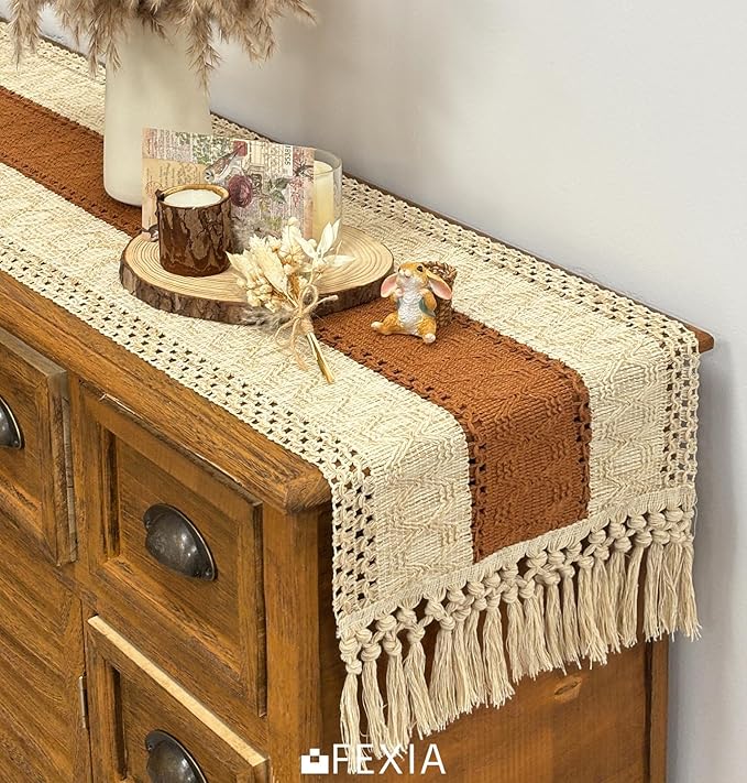 FEXIA Boho Table Runner 72 Inches Long Thanksgiving Decor Macrame Table Runner Farmhouse Style with Tassels for Party Bohemian Rustic Wedding Bridal Shower Dining Decor Middle Brown (12x72 Inches)