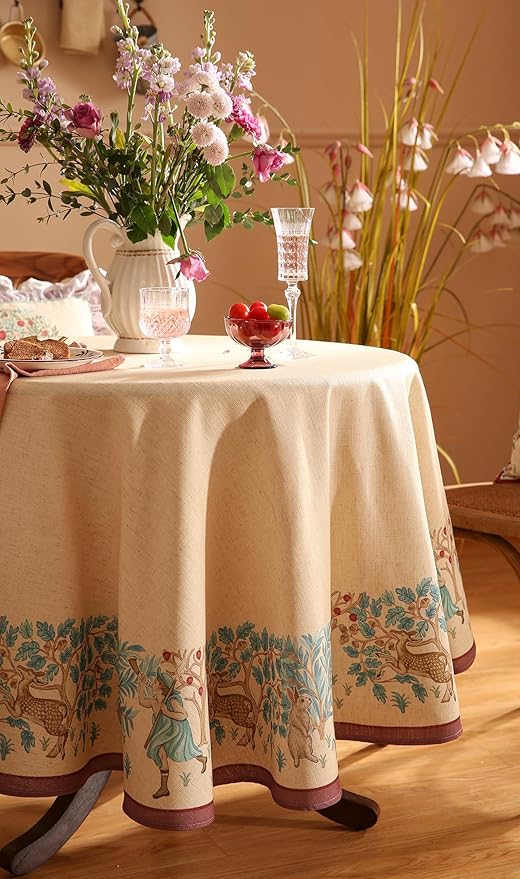 patdrea Designer Vintage Linen Round Tablecloth,Beige Breathable French Trees Pattern Table Cloth,Fall Decoration Table Cover for Kitchen Dining Christmas,Thanksgiving,Diameter 67"-Tatiana D
